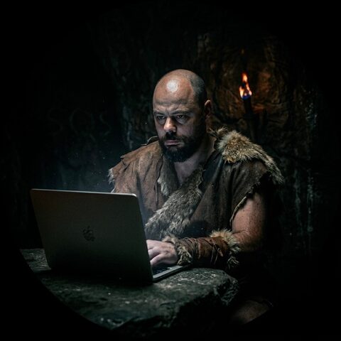 Artem typing on a laptop in a torch-lit cave, dressed in furs